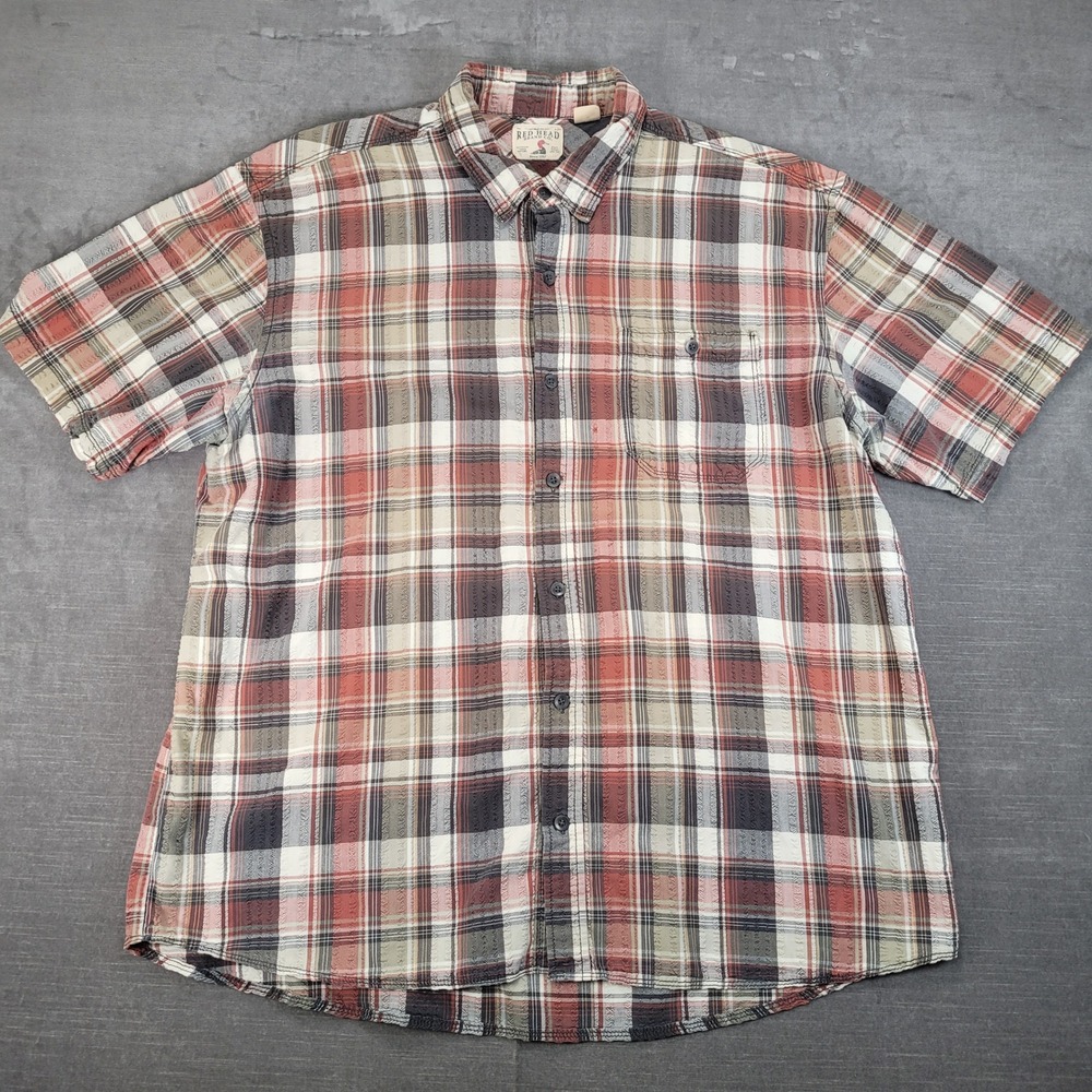 Red Head Vintage Plaid Flannel Shirt Short Sleeve Button Up Casual Mens 2XL